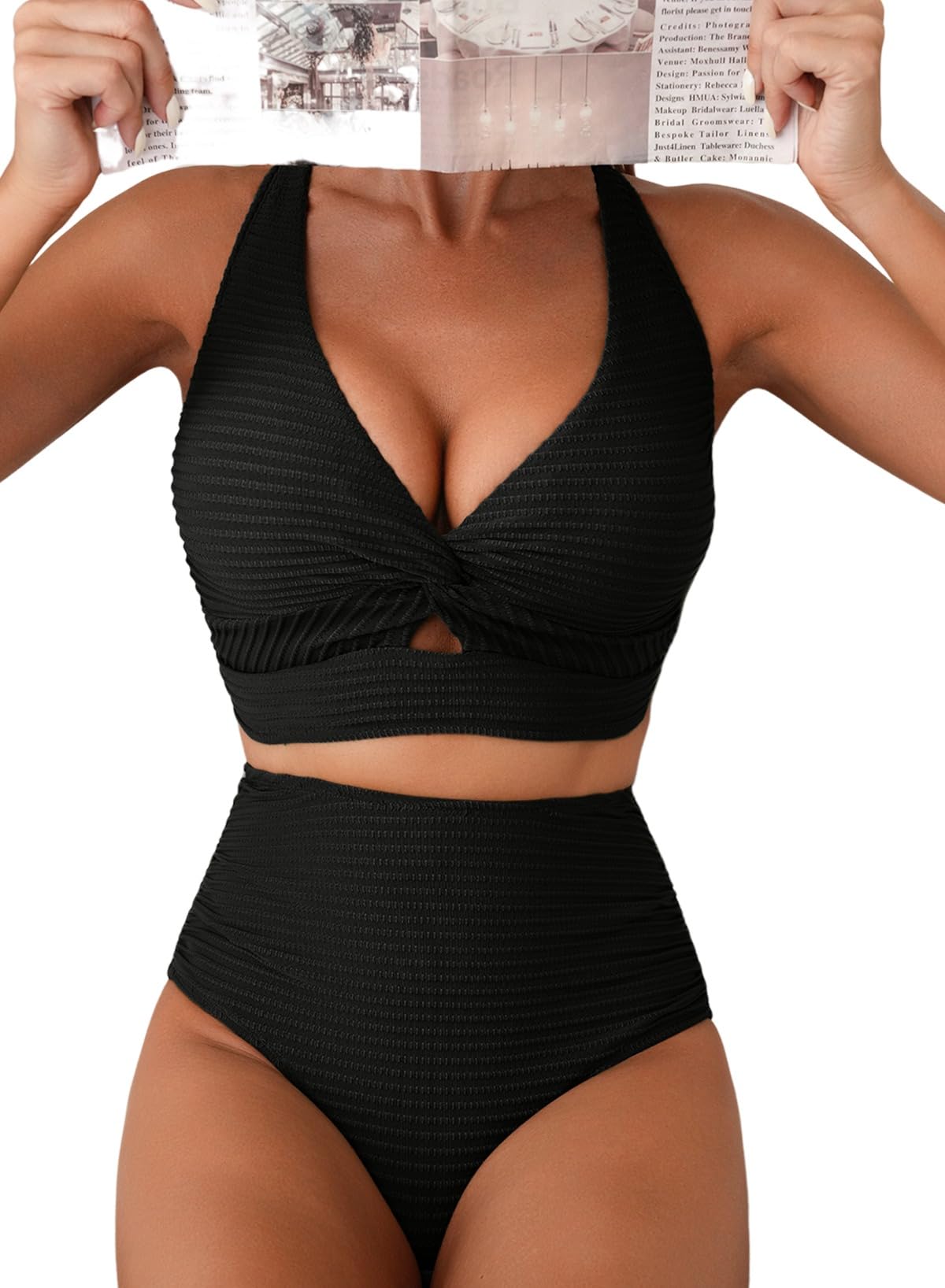 Herseas Womens Black 2 Piece Bikini Sets Twist Front Adjustable Straps Bikini Top Swimsuits High Waisted Bottom Textured Push Up Bathing Suits Girls Fashion Beach Vacation Outfits Large