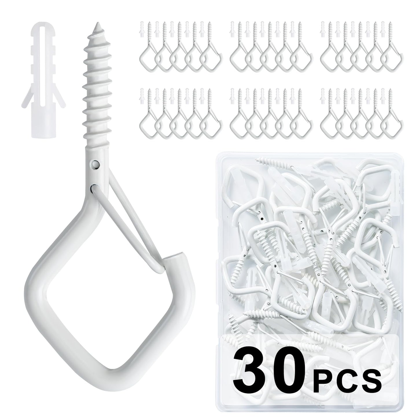 30 PCS Cup Screw-in Hanger Hooks with Safety Buckle, Windproof Screw Hooks Perfect for Hanging Outdoor String Lights, Plants, and Patio Lights,for Ceiling and Wall Mount, 2.2 Inches in White