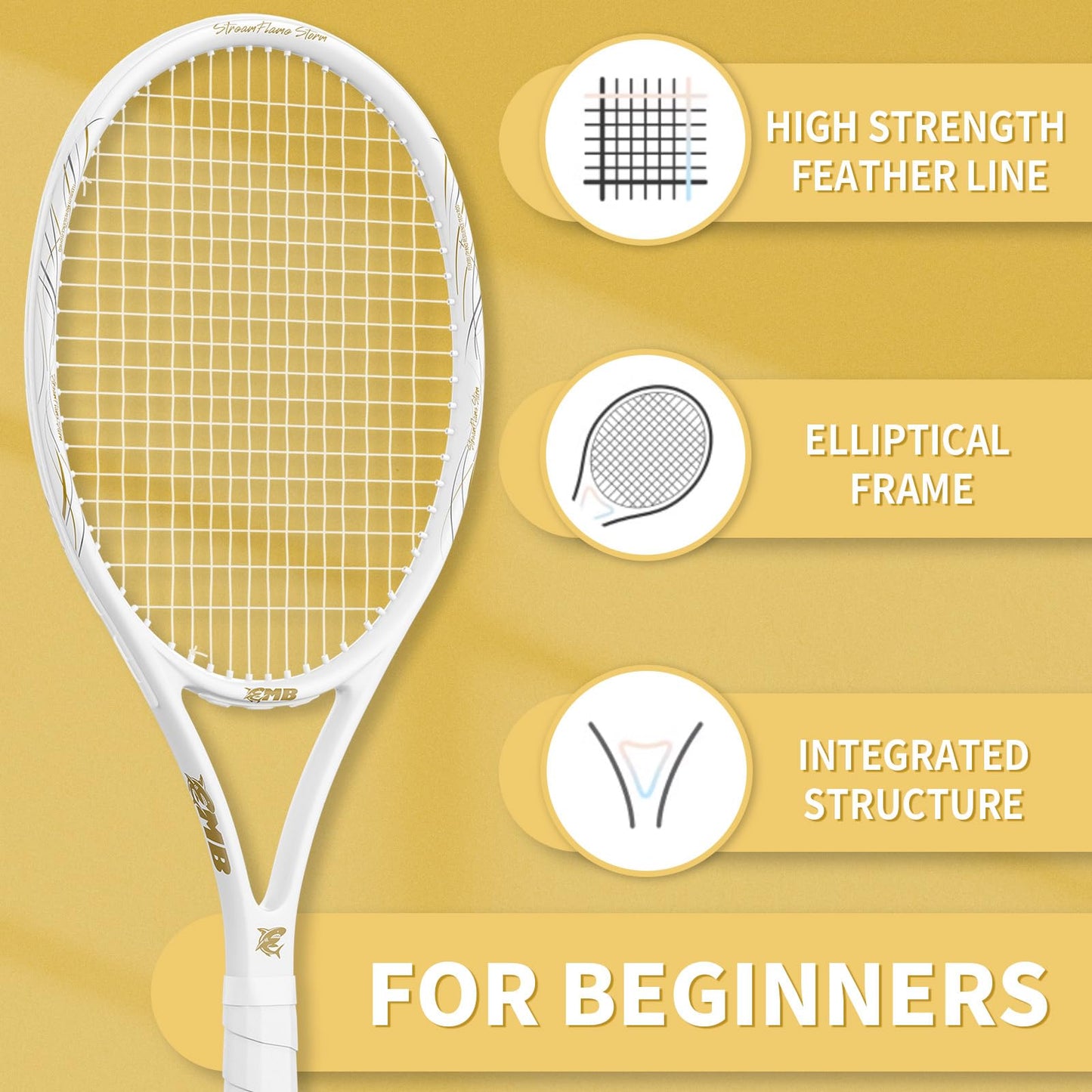 MBFISH Tennis Racket - Super Value Set with Pre-Strung, Comfortable Handle, 27'' Tennis Racquet for Adults, Includes 4 Tennis Balls, 2 Overgrips and 2 Tennis Bag (White Black)