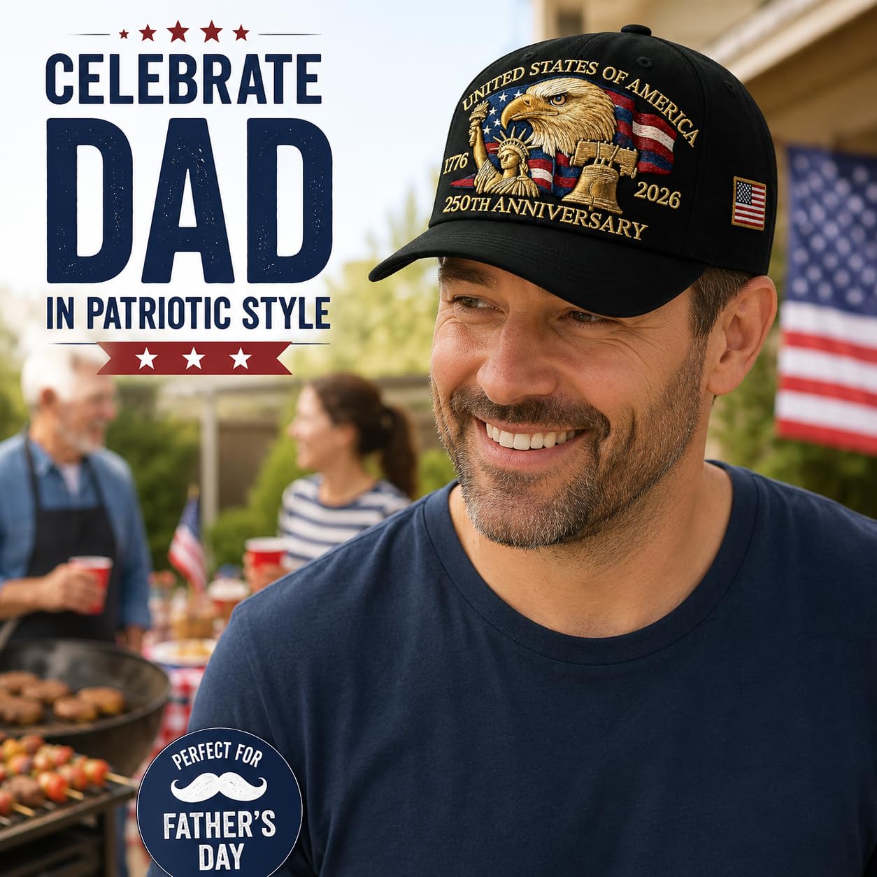 250 Anniversary USA Hat, Patriotic Embroidered Baseball Cap, for Dad, Patriot Cap 1776-2026 Black