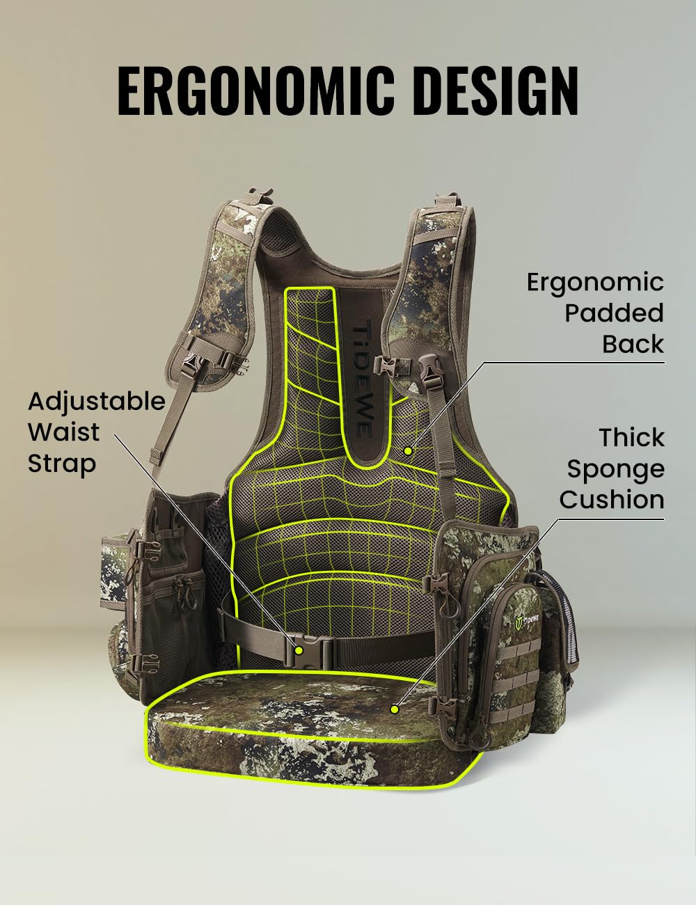 TIDEWE Vest with Seat, Vest with Game Pouch & Kickstand(Truetimber Strata)