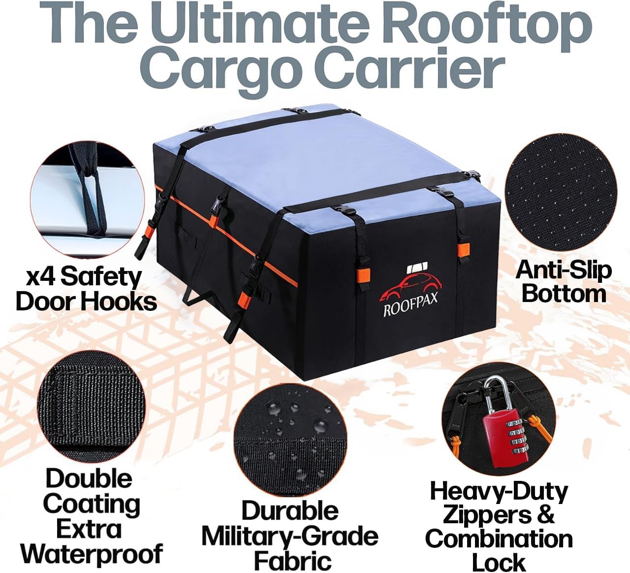 RoofPax Expandable Rooftop Cargo Carrier Bag - Waterproof 15/19 Cft Storage with Double Zippers & Heavy-Duty Straps