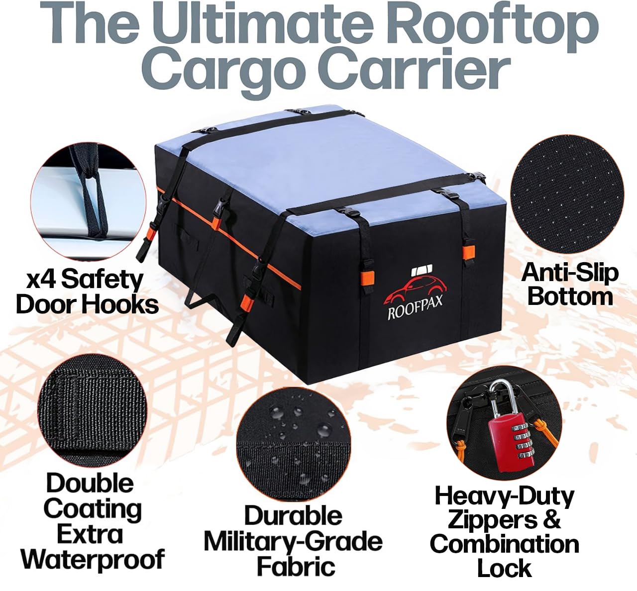 RoofPax Car Rooftop Cargo Carrier Bag Waterproof Storage - Including Double Zippers15 cft. with Heavy-Duty Tie-Down Straps fit Cars with/Without Roof Top Rack or Side Rails.