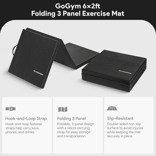 BalanceFrom 3-Panel Folding Gymnastics Mat - 2-Inch Thick, 6x2 Feet, Black | Ideal for Tumbling, Yoga & Home Workouts