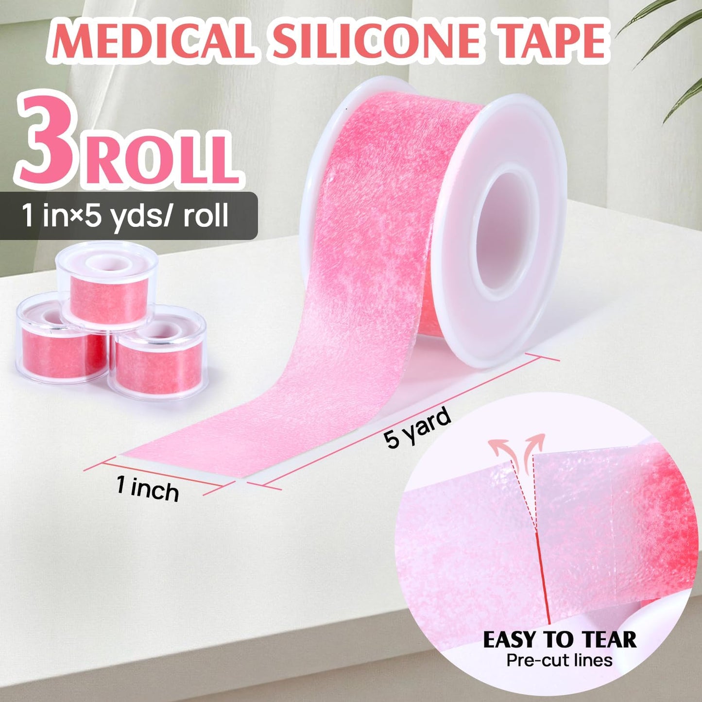 Silicone Medical Tape -1 in × 5 yds (3 Roll) Waterproof Tape for Sensitive Skin Wound Care, Latex-Free, Painless Removal, Reusable for Gauze Pads and First Aid