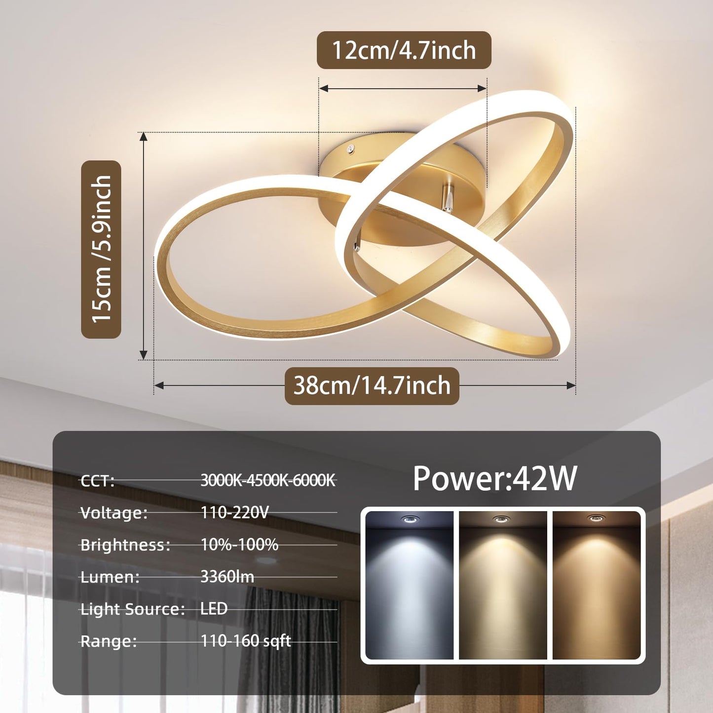 CANEOE Modern Led Ceiling Light,Dimmable Close to Ceiling Light with Remote Control Gold Flush Mount Ceiling Lamp for Bedroom Living Room Kitchen Laundry Room Lamp Lighting Fixtures