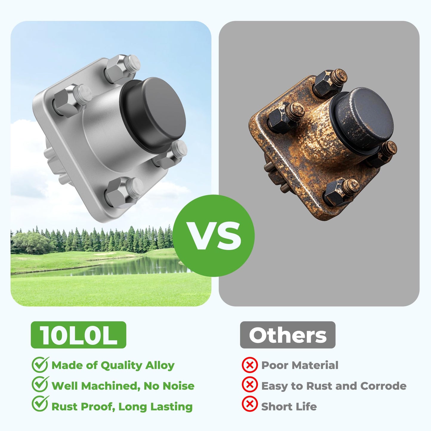 10L0L Golf Cart Front Wheel Hub Assembly for Club Car DS & Precedent 2003 up/Tempo 2018 up, OEM# 102357701 with Hub Bearing/Oil Seal/Dust Covers (2 Packs)