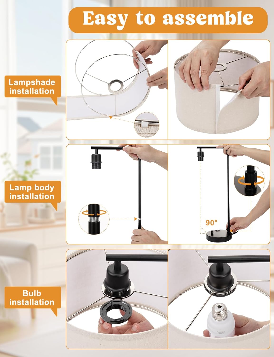 Dimmable Tall Table Lamp with USB Port & Outlet - Linen Shade Bedside Desk Lamp for Bedroom, Living Room, Home Office
