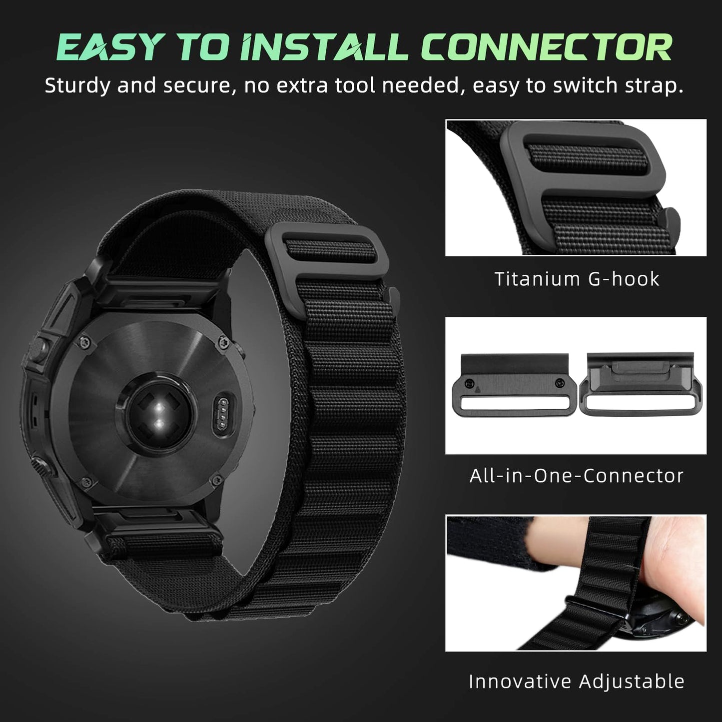 RoYiio Nylon Sport Band for Garmin Fēnix/Epix/Quatix/MARQ Series/Descent Series/D2 Series/Enduro/Tactix, Comfortable Breathable, Tough Replacement Strap with G-hook for QuickFit 22 mm - Black
