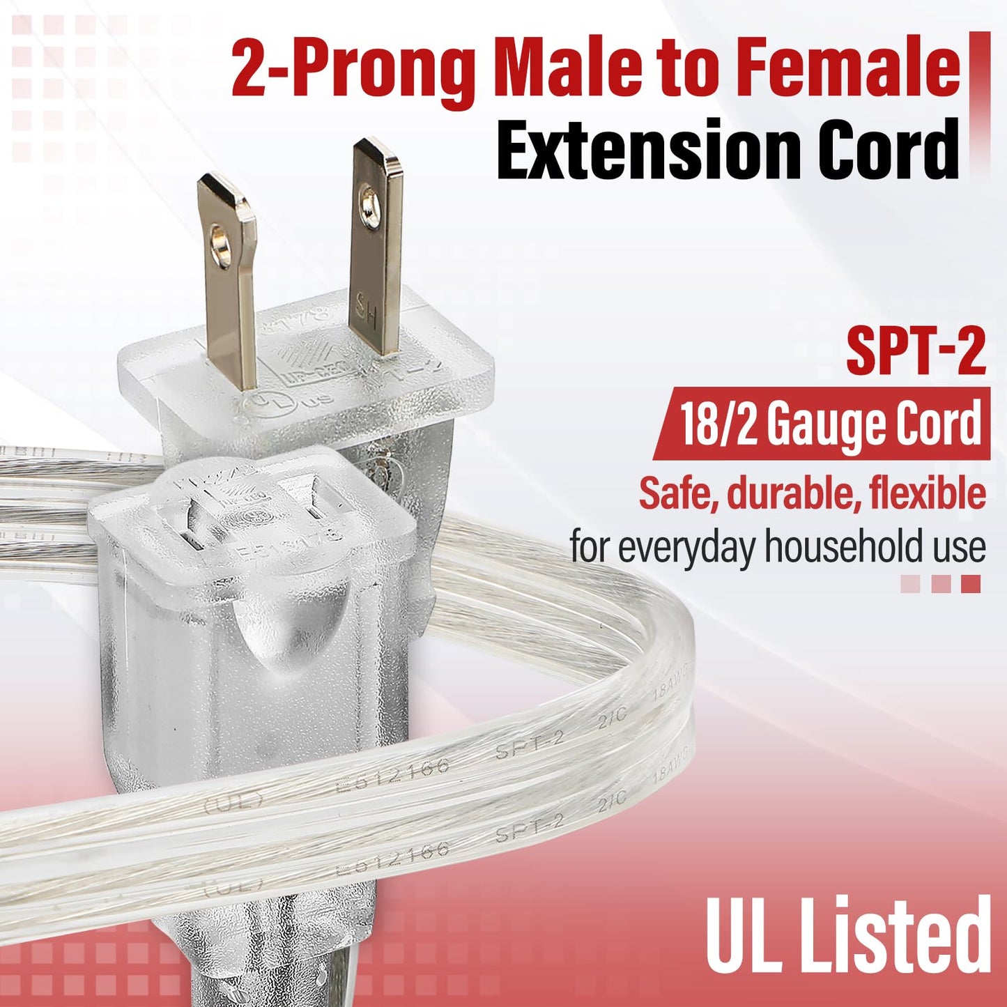 Clear Extension Cord - 6 FT Male to Female Invisible Indoor 2 Prong Power Cable, Thin for Christmas Tree Lighting, UL-Certified, 2 x 18 AWG 250V 6A