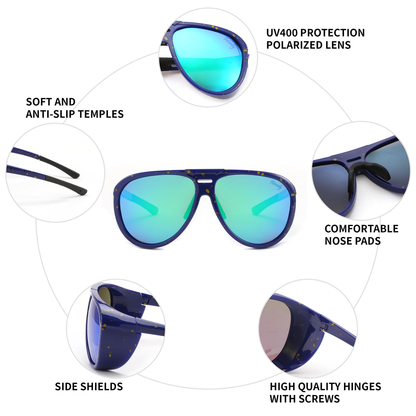 FEISEDY Polarized Aviator Sunglasses Men Women Oversized Round Steampunk Sunglasses Side Shield Goggles B0095