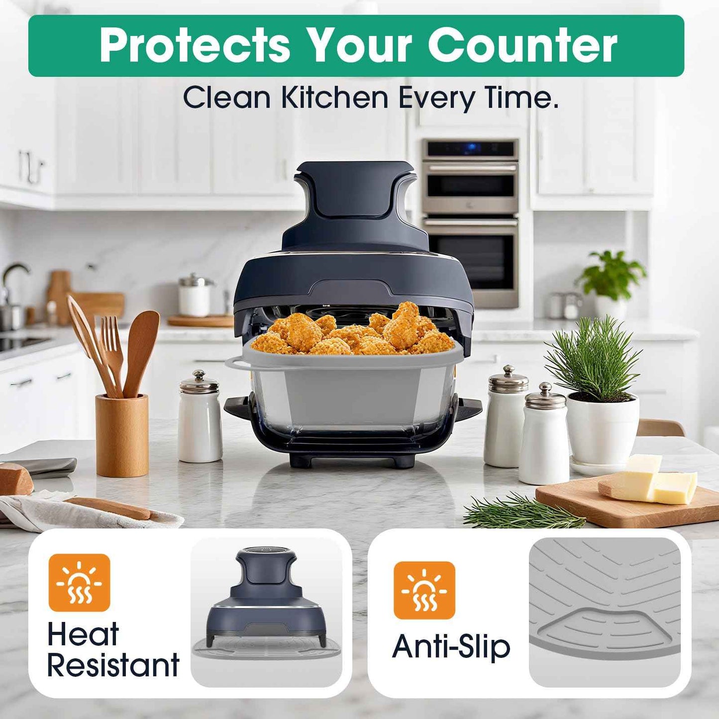 Snuggery FN101GY Silicone Air Fryer Liners for Ninja Crispi Glass Basket – Full-Coverage 4QT 6QT Reusable Nonstick Dishwasher Safe Mat,with Heat Mat and Oil Brush for Mess-Free Cooking