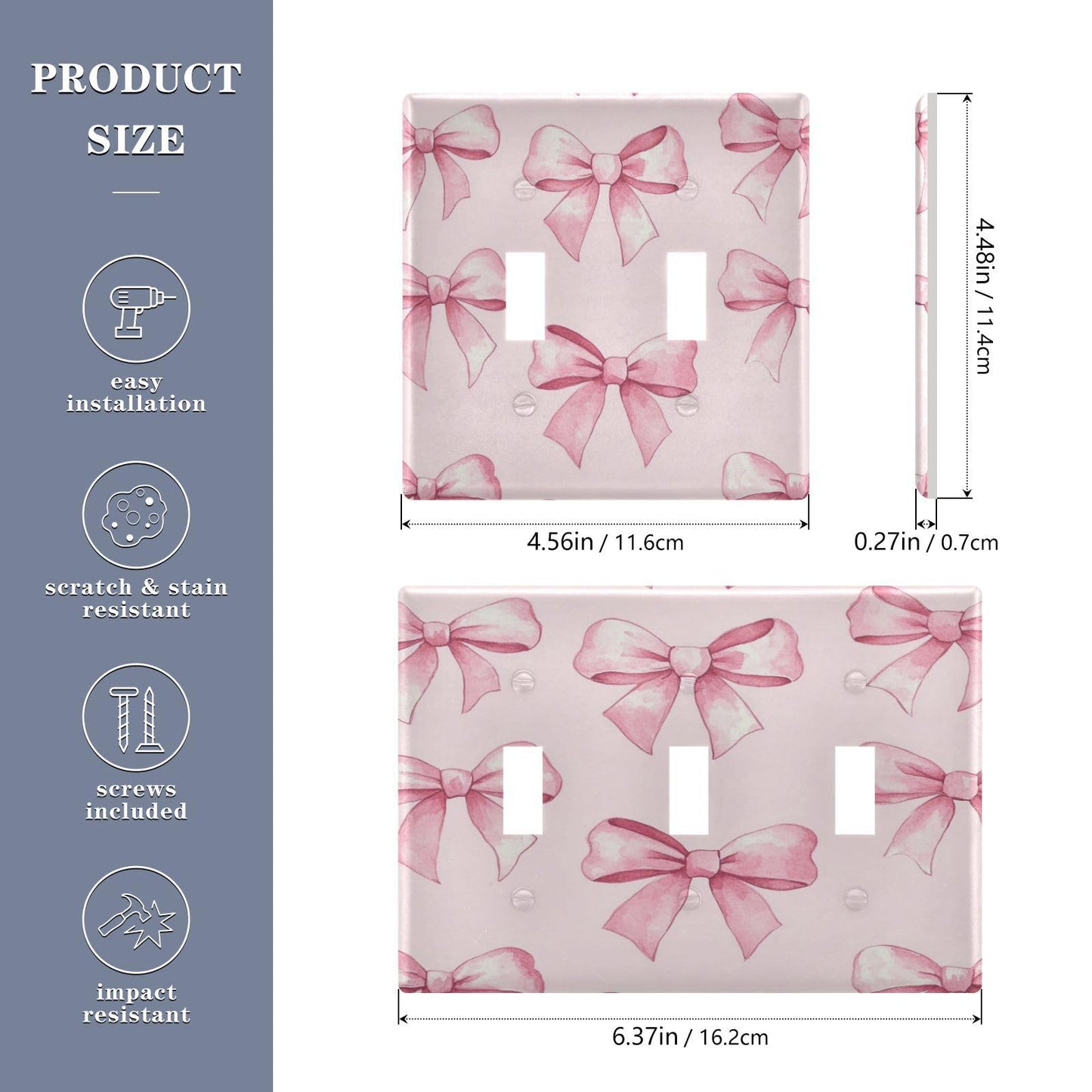 FLildon Pink Bows Wall Plates, Double Toggle Light Switch Cover Wall Plate 2 Gang, Decorator Light Switch Cover, Standard Size Wall Plates for Bedroom Home Decor