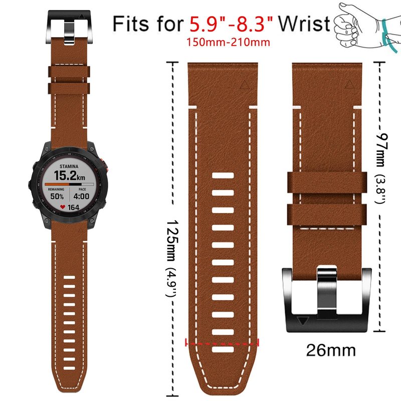 Abanen Quick Fit 26mm Leather Watch Bands for Garmin Instinct 2X / Fenix 7X / Fenix 6X / Fenix 5X, Fiber Leather with Silicone Lining Stitches Soft Sweat-proof Wrist Strap for EPIX Pro 51mm (Brown)