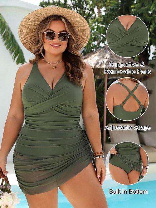 Blooming Jelly Plus Size Tummy Control One-Piece Swimsuit - Modest Swim Dress for Full Coverage