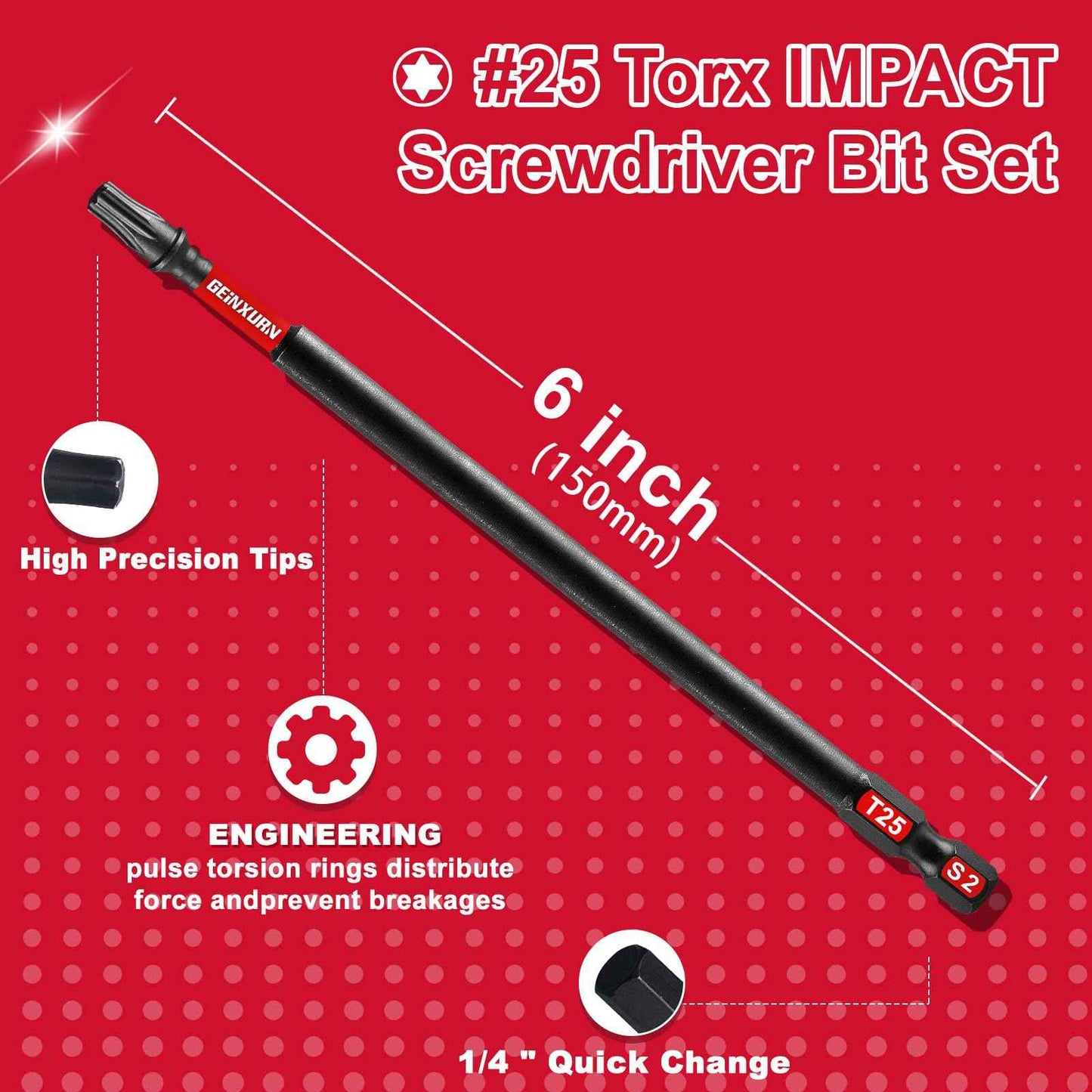 GEINXURN 20Pack Impact Tough #25 Torx 6 in. Insert Driver Bits, Magnetic T25 Head Power Bits, S2 Alloy Steel T25 Screwdriver Bits Set Bulk