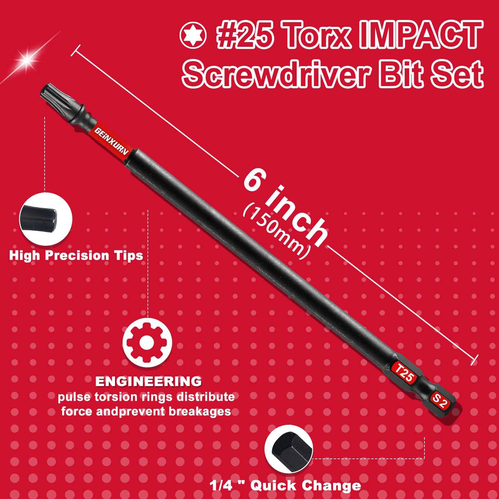 GEINXURN 20Pack Impact Tough #25 Torx 6 in. Insert Driver Bits, Magnetic T25 Head Power Bits, S2 Alloy Steel T25 Screwdriver Bits Set Bulk