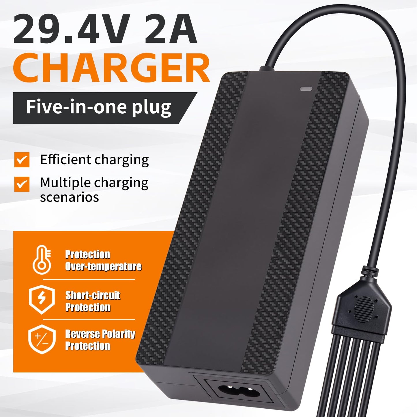 CraogeCoore 29.4V 2A Lithium Battery Charger, 5-in-1 Universal Plug Smart Charger for 24V 25.2V 25.6V 7S Lithium Battery Packs, Compatible with E-Scooters and Electric Devices, UL FCC CE Certified