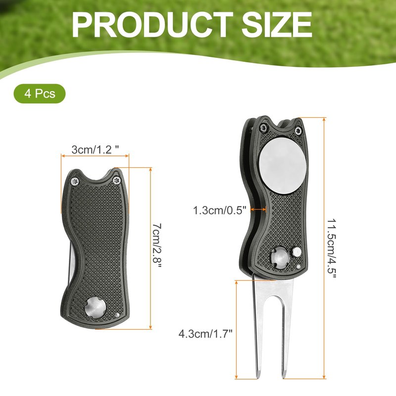 PATIKIL Golf Divot Repair Tool, 4 Pack Foldable Metal Golf Green Divot Tool with Magnetic Ball Marker & Stainless Steel Fork for Golfer, Grey
