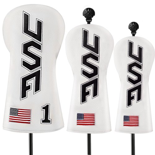 Honmeday Golf Head Cover Set with USA Flag Cross-Stitch for Golf Club Driver Fairway Hybrid (White-3pcs)