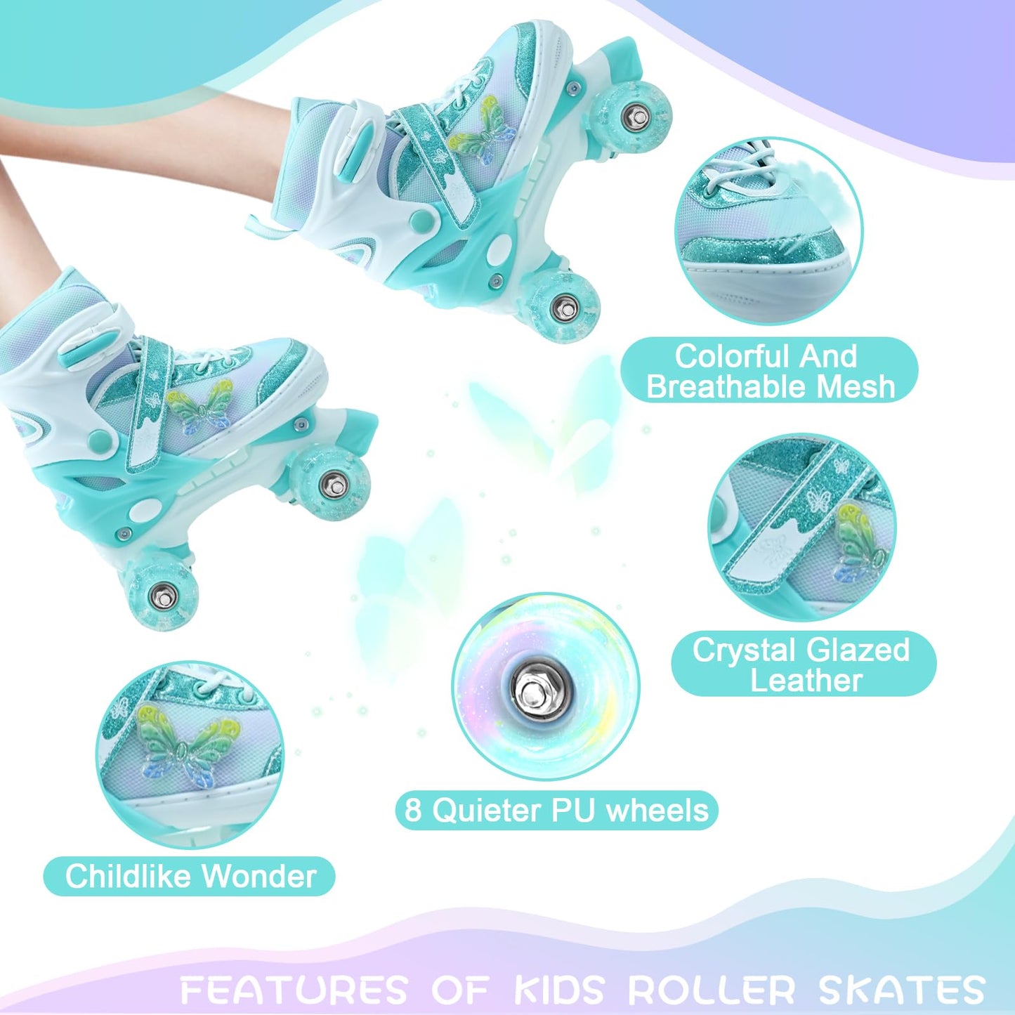 SMOOJOY Kids Roller Skates for Girls-Outdoor 4 Size Adjustable Butterfly Quad Rollerskates for Indoor Ages 3-15 Years Beginners Children's Birthday Gift with Light Up Wheels patines para niñas Indoor