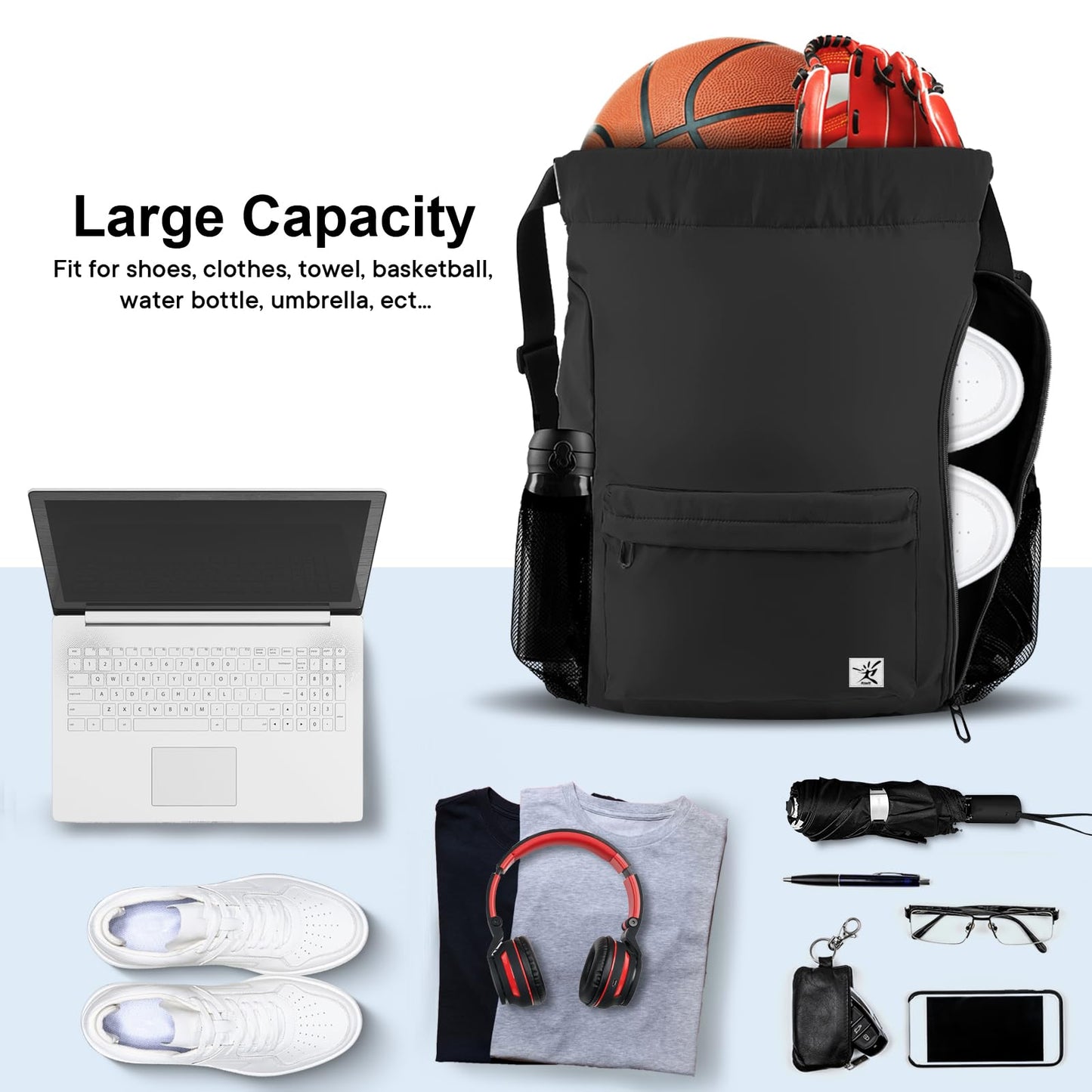 Risefit Drawstring Backpack with Mesh Pockets String Gym Bag Sackpack Sandproof Water Resistant Beach Backpack for Men Women