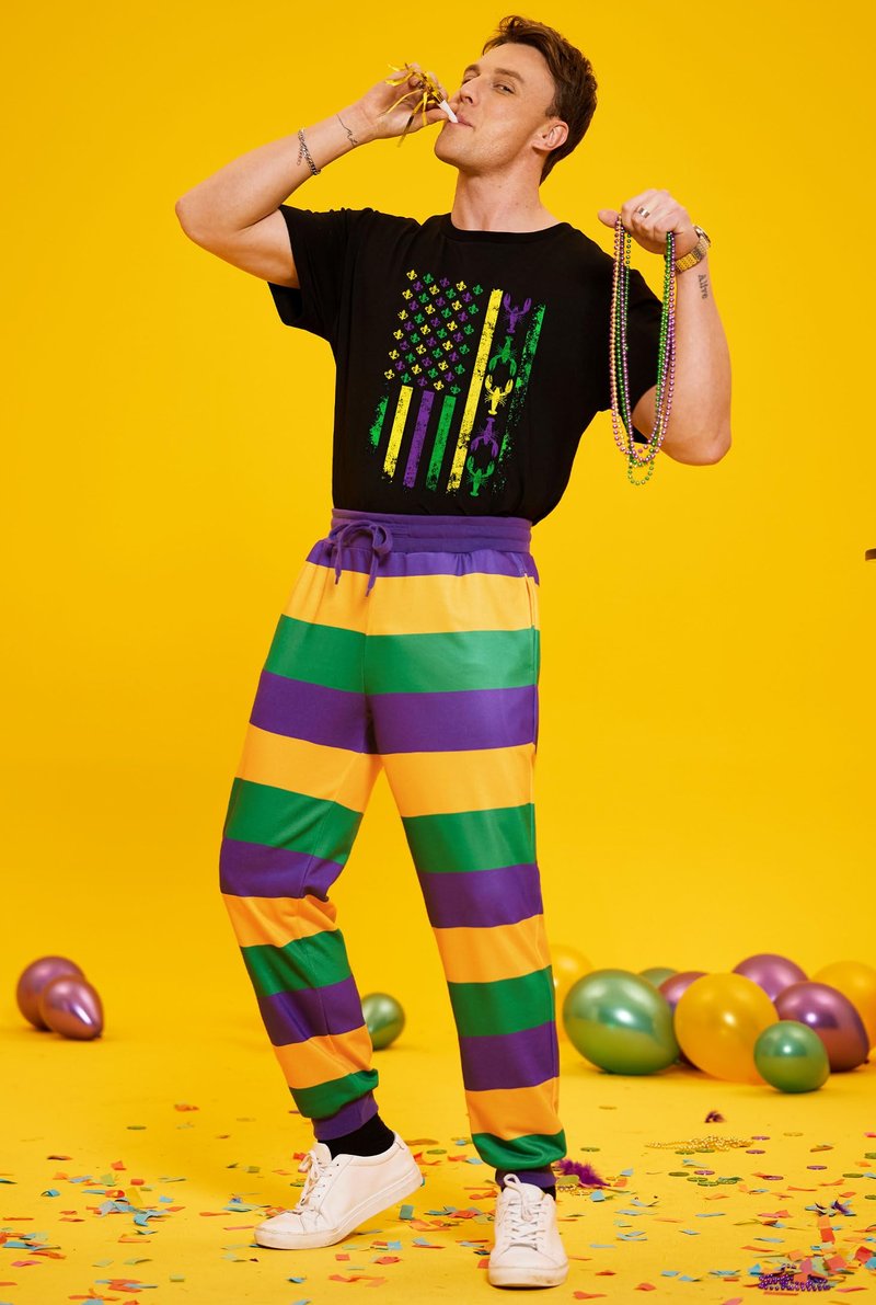 Arvilhill Men Mardi Gras Pants Funny Parade Purple Gold Green Party Sweatpants Fat Tuesday Casual Drawstring Joggers Striped XL