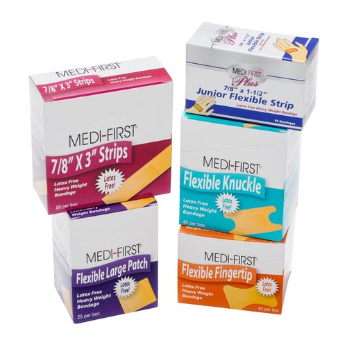 MFASCO Medifirst Bandage Assortment - Variety Pack of Adhesive Bandages, Including Knuckle & Finger - Refill Pack for Workplace First Aid Kits - Fabric Bandages - Ideal for refilling Industrial Kits