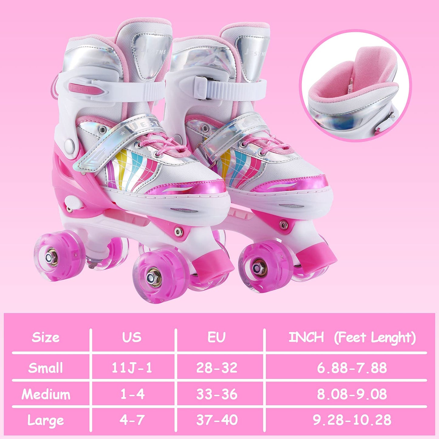 Kids Roller Skates Adjustable for Girls Boys Toddlers Youth, Pink 4 Size Adjustable Light Up Roller Skates for Size 11J todders to Size 7 Youth Women