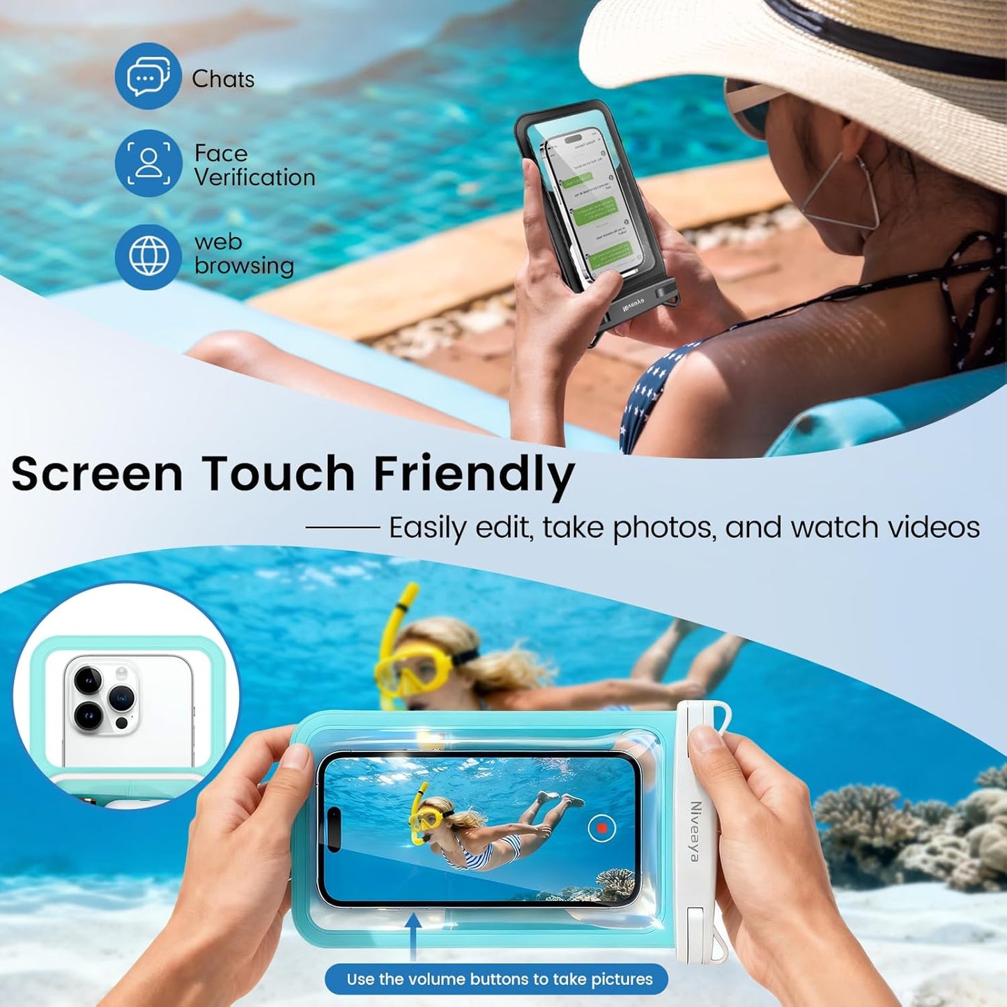 Niveaya Floatable Waterproof Phone Pouch - 2 Pack with Adjustable Neck Lanyard | Fits Up to 8.5" Devices