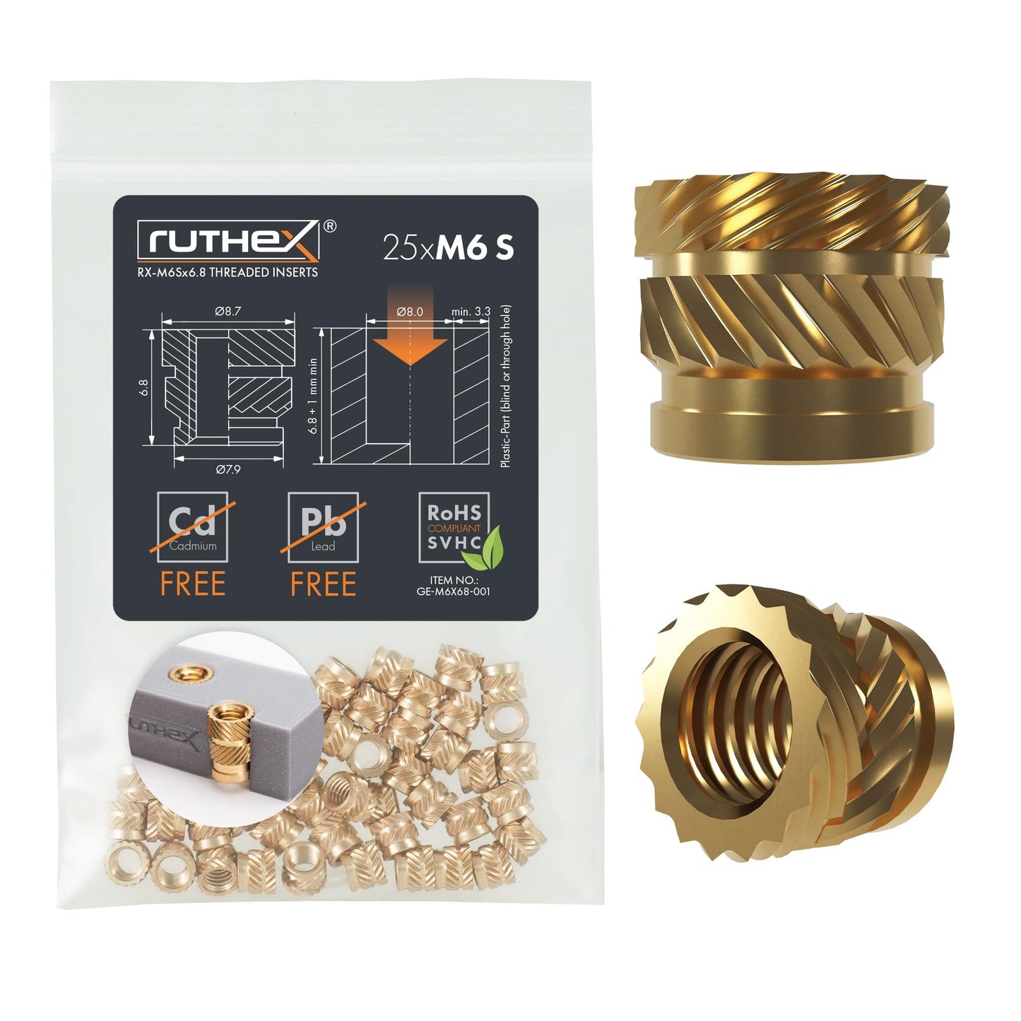 ruthex M6 Threaded Inserts Short - 25 Pieces RX-M6x6.8 Brass Heat Set Insert for Plastic Parts - Metric knurled - Insert by Heat into 3D Printing Component
