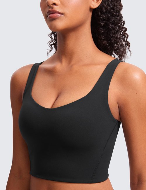 CRZ YOGA Softness Mold Butterluxe Longline Sports Bras for Women - Molded Cup V Neck Yoga Clothes Workout Crop Tank Top Black Large
