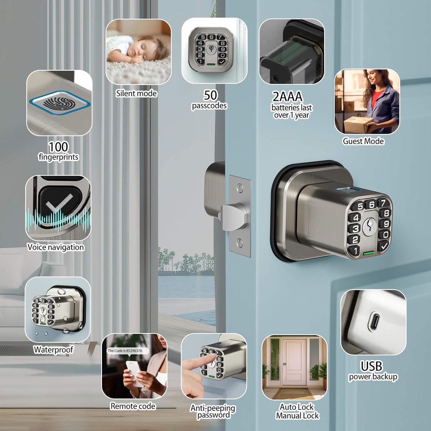 Smart Biometric Fingerprint Door Lock with Keypad - Keyless Entry, Waterproof, Auto Lock - Matte Black