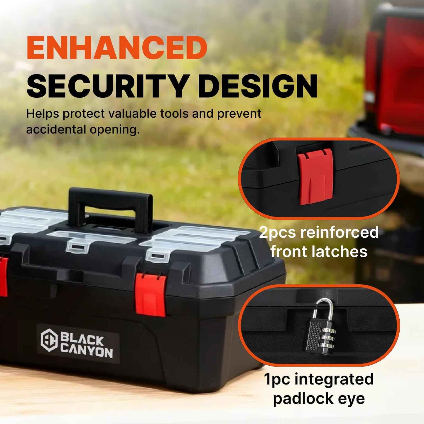 Black Canyon 17 Inch Plastic Tool Box, Support up to 44 lbs, w/Handle, Polypropylene, Dual-Layer Design, Flexible for Stacking, Top-Lid Storage, Ideal for DIY, Workshop, Job Site Organization