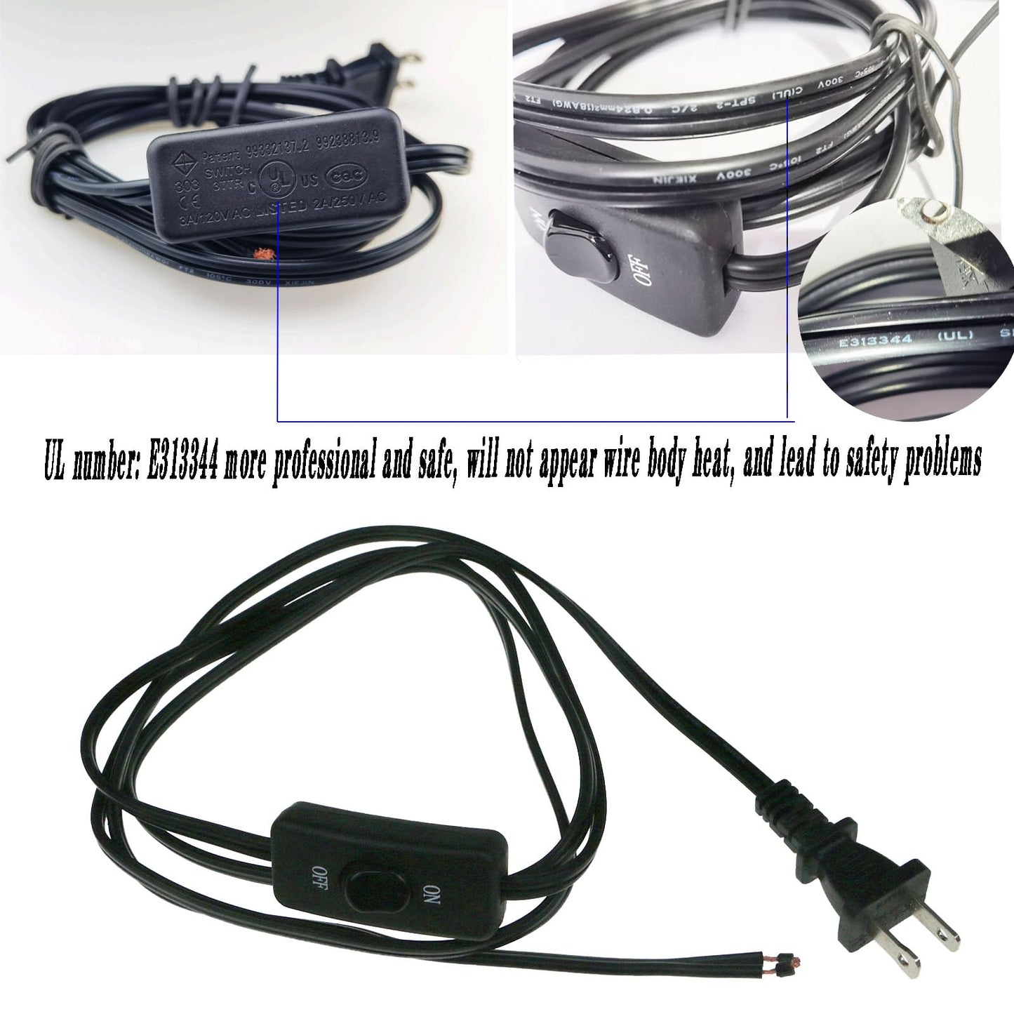 10 Feet Lamp Cord with Switch On Off, 18AWG 2 Prong Power Cord with 3A Switch,Pure Copper Wiring Tail Stripped (10FT1pcs)