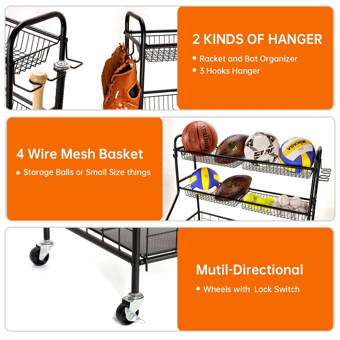 WEYMILA Sport Equipment Organizer for Garage, Steel Basketball Rack with Baseball Bat Holder and Hooks, Easy Assembly Storage for Balls, Kids' Toys, and Workout Gear in Basement, Home Gym, Outdoor