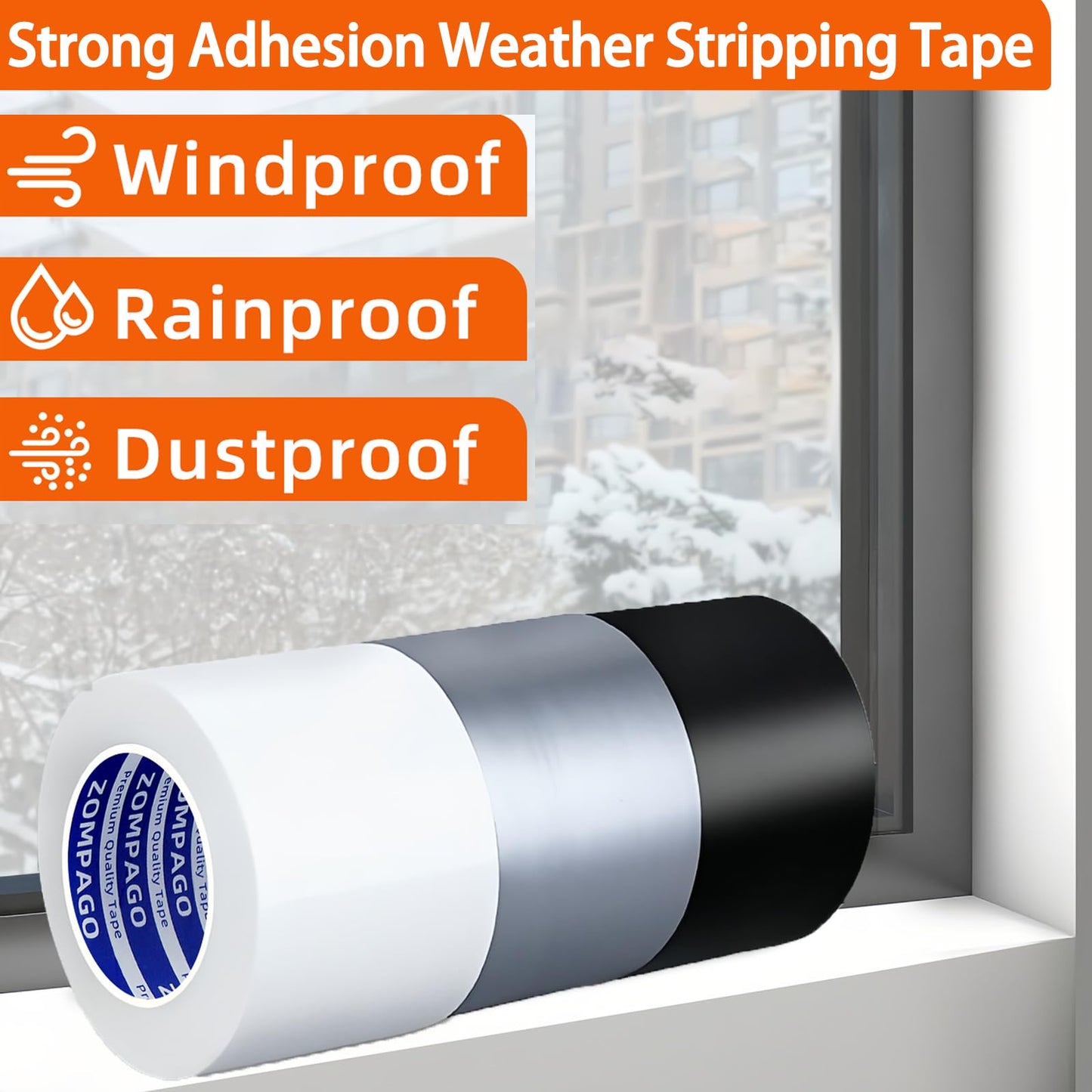 ZOMPAGO Strong Adhesive Cloth Weather Stripping Tape,1.8inx33FT,Black for Sliding Windows and Door Frames - Seal Strip for Soundproofing,Dustproof, Waterproof,and Windproof-Durable and Wear Resistant