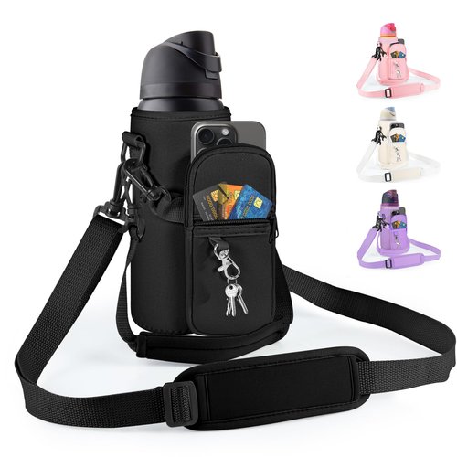 Icesip Water Bottle Holder Bag with Detachable Phone Pocket for Owala FreeSip 24oz with Strap Pocket for Owala Accessories 24oz Water Bottle Sleeve for Walking Camping Gym Black