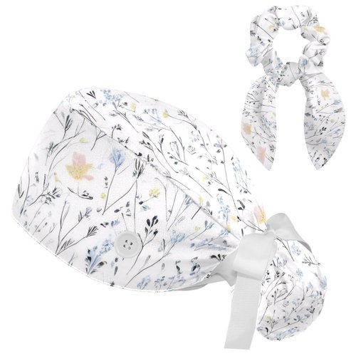 FVQL Scrub Caps Women, Adjustable Surgical Cap with Hair Scrunchy, Floral Flower Ponytail Holder Scrub Hat Blue White