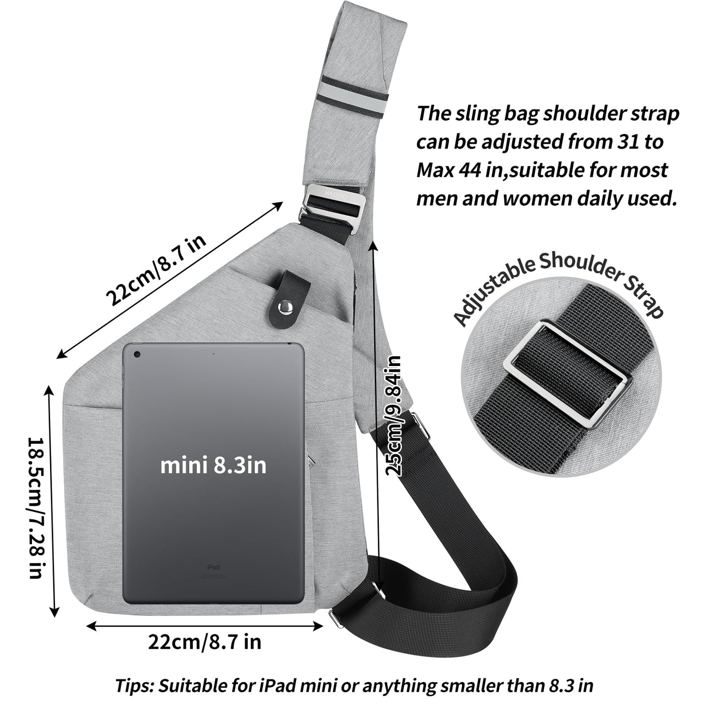 VADOO Anti-theft Crossbody Bags for Women, RFID Blocking Pocket Sling Bag for Men Lightweight Shoulder Chest for Travel Sport, Gray 2.0