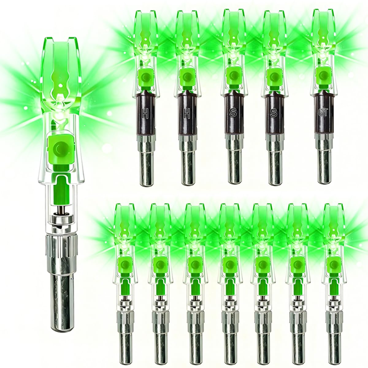 NoxDyn 12-Pack Green LED Lighted Nocks - Auto-Illuminated, High Visibility, Universal Fit .204 .233 .244 .246 ID X/H/S/GT Bushings