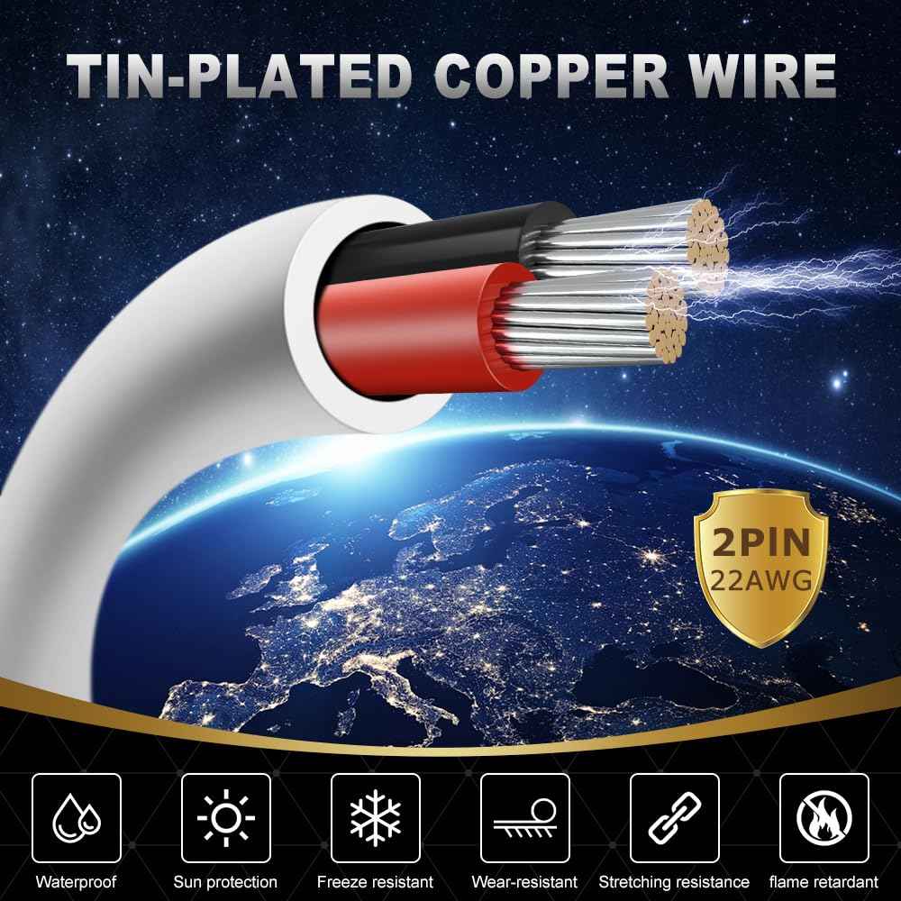 22 Gauge 2 Conductor Electrical Wire, 100FT White Stranded Low Voltage 22/2 PVC Case, 22 AWG Tinned Copper 2 Wire Extension Power for Strips LED Lamp Lighting
