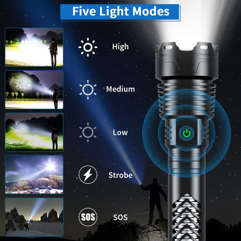 Weoxi Rechargeable Flashlights High Lumens, 6000 Lumens Super Bright Flashlights with Long Handle, 5 Modes & Zoomable, 10000mAh Waterproof Powerful Handheld Flashlight for Camping Emergency