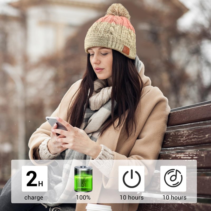 Wewow Bluetooth Beanie for Women, Beanie with Bluetooth Headphones and Microphone, Thick Winter Music Hat, Outdoor Homes and Gifts, Pink