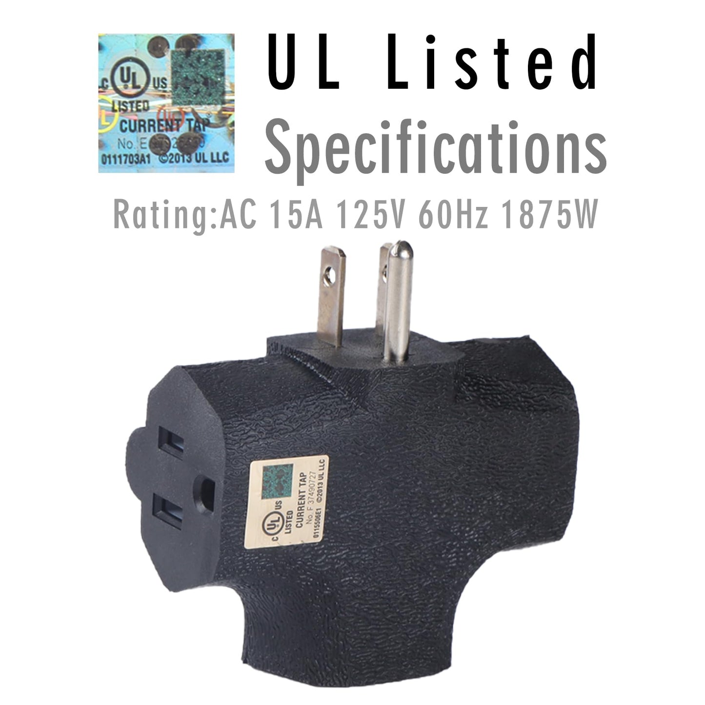 GFQHF 3 Way Plug Adapter - UL Listed - Outdoor Outlet Splitter 3 Prong - Electrical Outlet Extender, Wall Outlet Expander, Outdoor Heavy Duty Triple Plug Outlet Adapter 3PCS Black