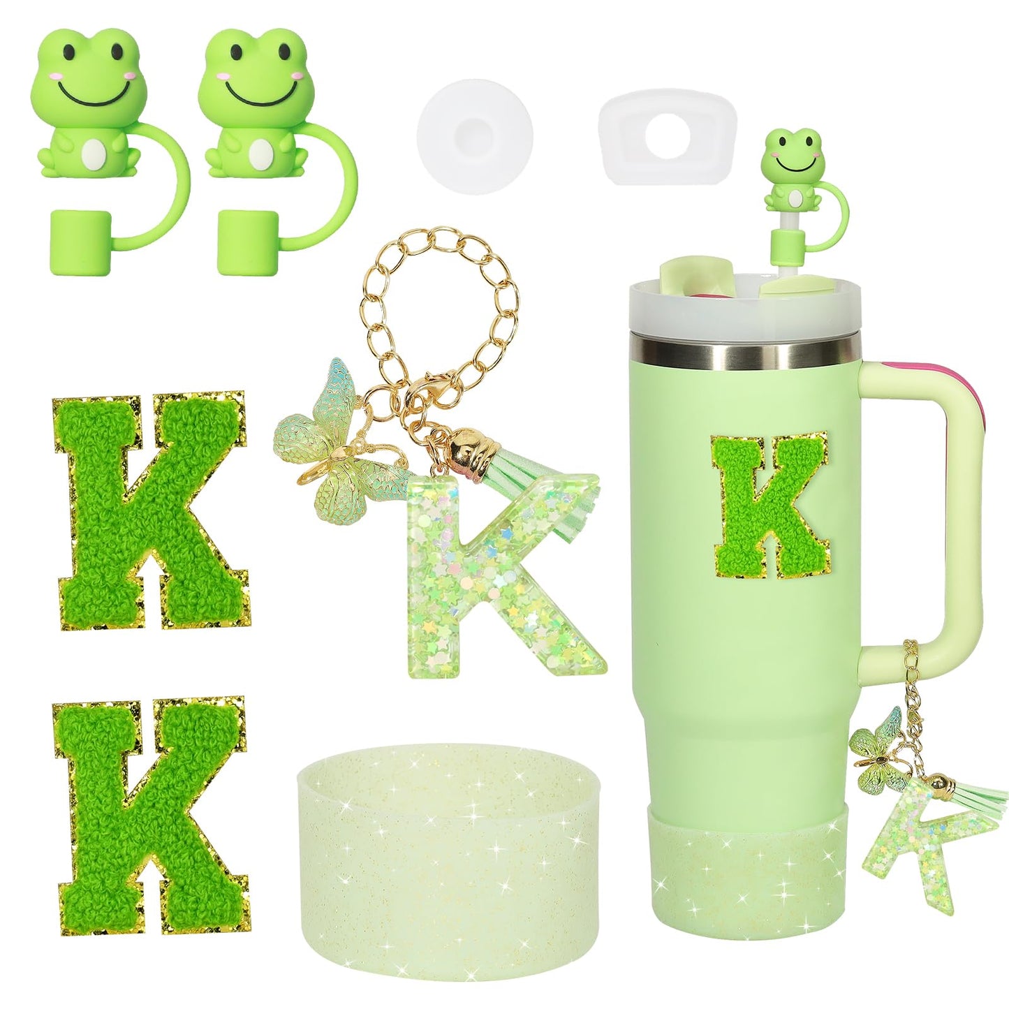 Liangang 8PCS Green Cup Accessories Set For Stanley 30oz 40oz,Including Boot,Spill Proof Stopper,2PCS Stanley Straw Cover and 2PCS Sticker Letter (Letter K)