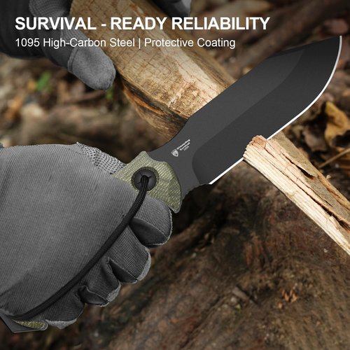 Kizer Sheepdog Survival Fixed Blade Knife, 5.28" 1095 Thick Blade, Green Micarta Handle, Fixed Blade Hunting Knife with Kydex Sheath, Camping Fixed Blade Knives with Hammer Pommel, 1105A4