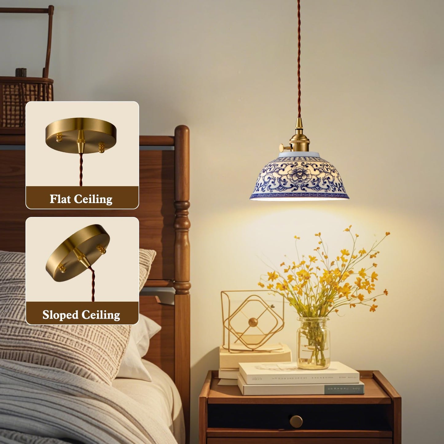 7in Ceramic Pendant Light, Chinese Blue and White Porcelain Pendant Light fixtures, Bedside Light, Hanging lamp for Kitchen Island Light Fixture, Home Bedroom Dining Room Ceiling Hanging Light small