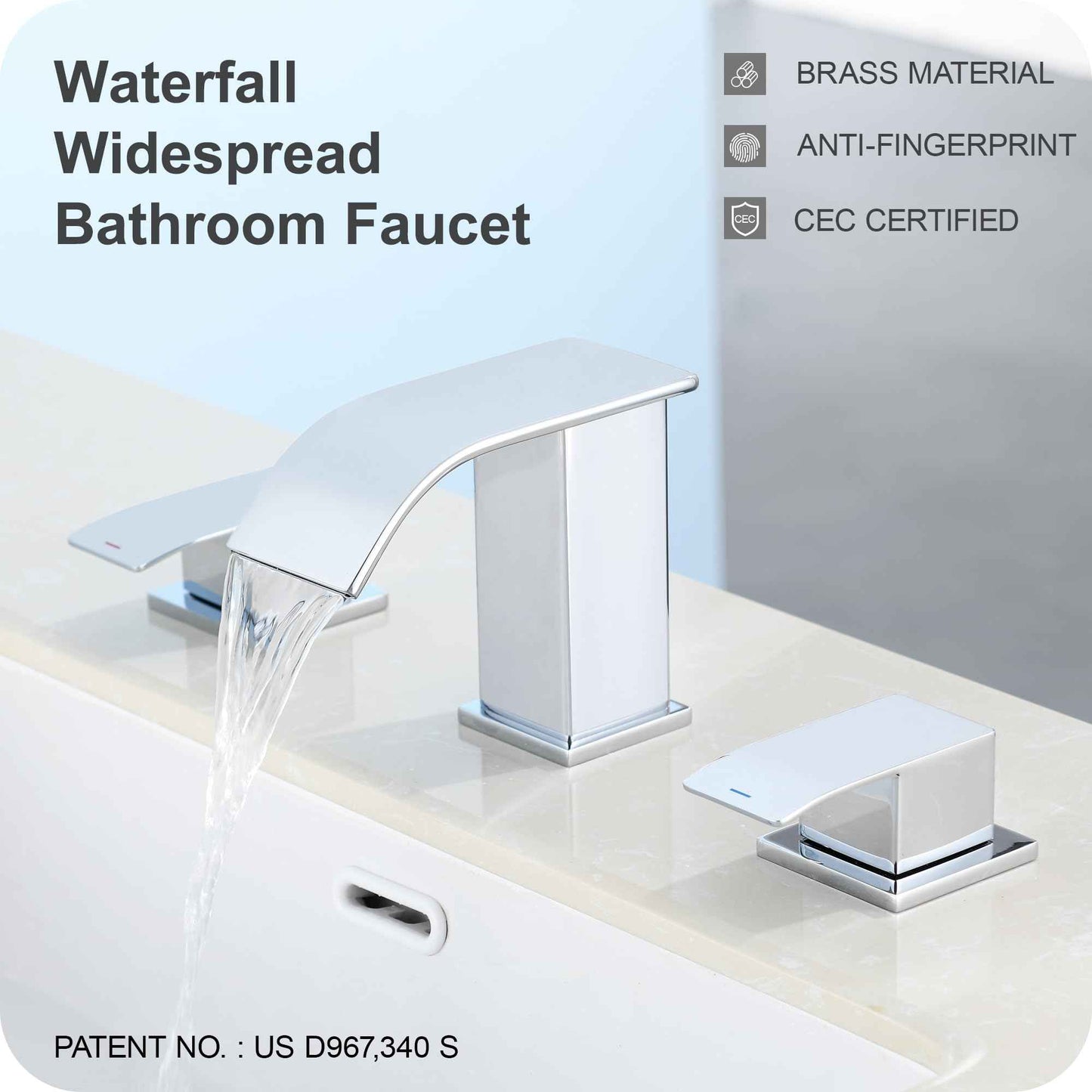 Patent No. : US D967,340 S, GAGALIFE 8 Inch Waterfall Bathroom Faucets for Sink 3 Hole - Chrome Bathroom Faucet with Pop-up Drain, Widespread Bathroom Sink Faucet 2-Handles, Patent No. : US D967,340 S