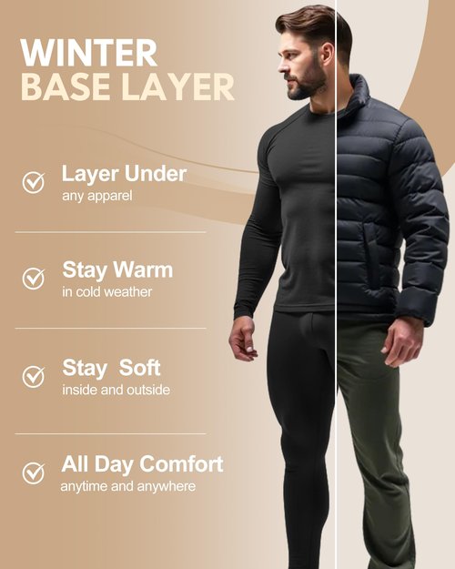 CL convallaria Thermal Underwear for Men Long Johns Winter Hunting Gear Sport Skiing Base Layer Top and Bottom Set Midweight Black Large